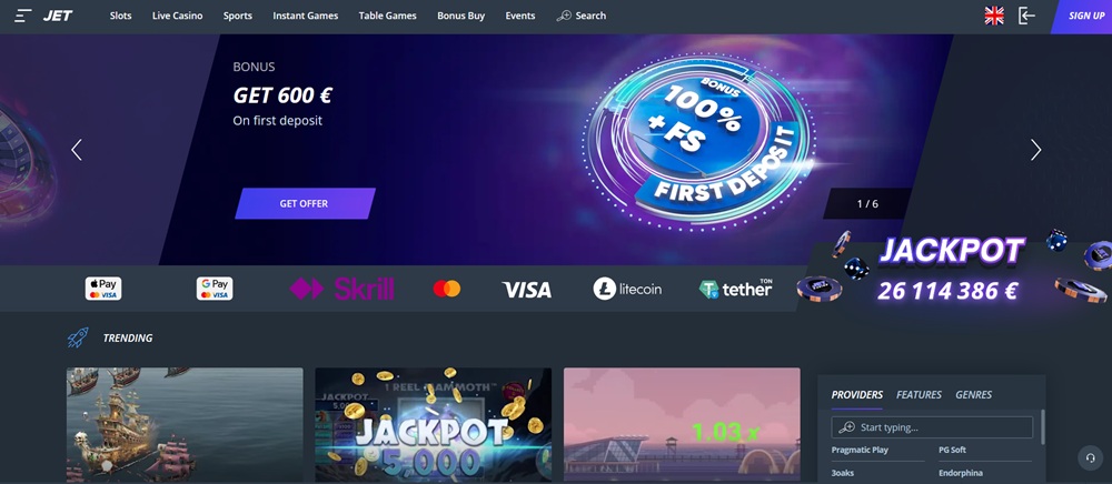 Jet Casino homepage